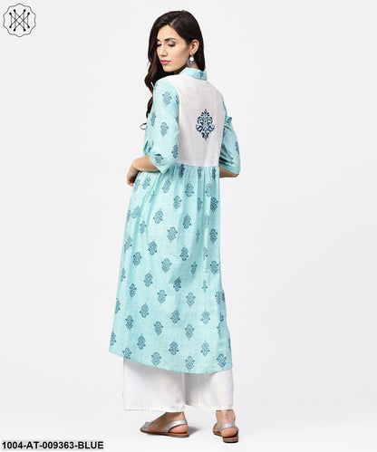 Blue Printed 3/4Th Sleeve Cotton Anarkali Kurta