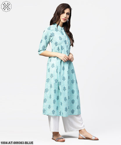 Blue Printed 3/4Th Sleeve Cotton Anarkali Kurta