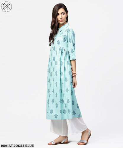 Blue Printed 3/4Th Sleeve Cotton Anarkali Kurta