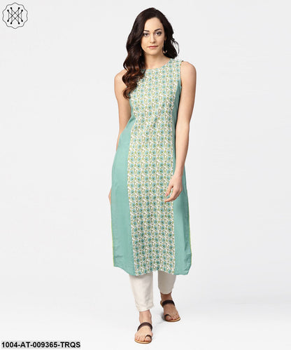 Turquoise Blue Sleeveless Cotton Long Kurta