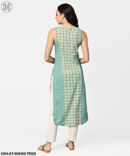 Turquoise Blue Sleeveless Cotton Long Kurta
