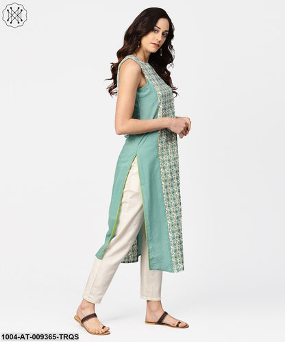 Turquoise Blue Sleeveless Cotton Long Kurta