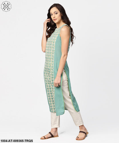 Turquoise Blue Sleeveless Cotton Long Kurta