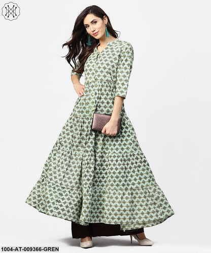 Green Printed 3/4Th Sleeve Cotton Tiered Anarkali Kurta