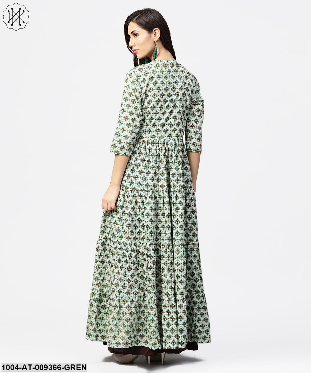 Green Printed 3/4Th Sleeve Cotton Tiered Anarkali Kurta