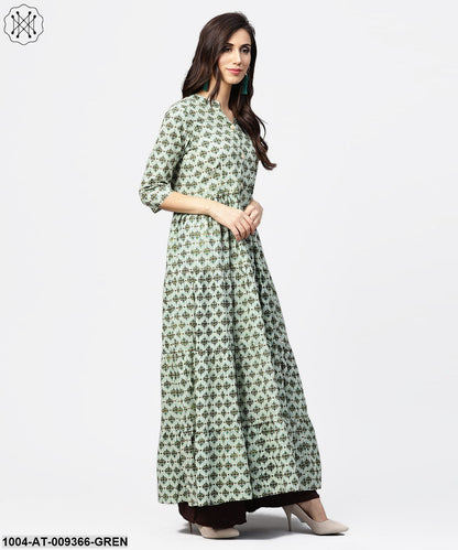 Green Printed 3/4Th Sleeve Cotton Tiered Anarkali Kurta