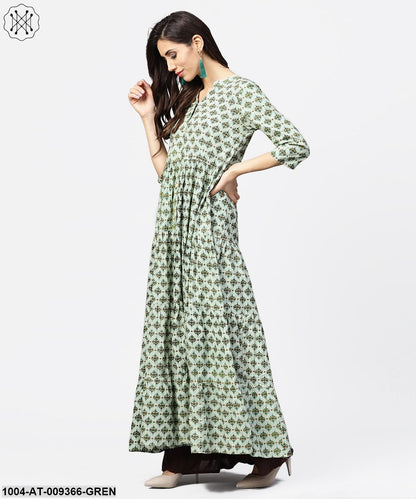 Green Printed 3/4Th Sleeve Cotton Tiered Anarkali Kurta