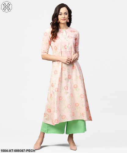 Peach 3/4Th Sleeve Cotton Printed Kurta Green Flared Pallazo