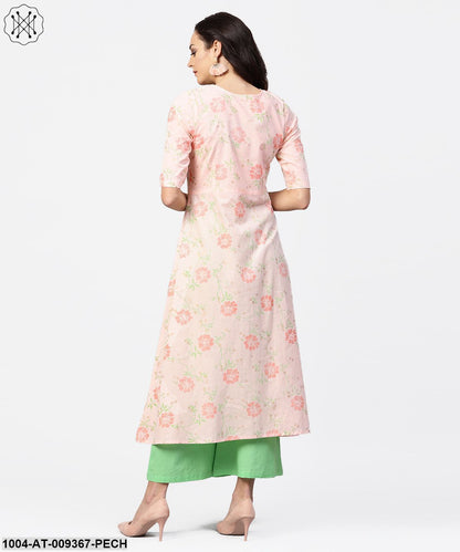 Peach 3/4Th Sleeve Cotton Printed Kurta Green Flared Pallazo