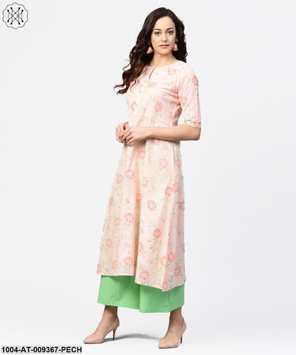Peach 3/4Th Sleeve Cotton Printed Kurta Green Flared Pallazo