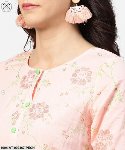Peach 3/4Th Sleeve Cotton Printed Kurta Green Flared Pallazo