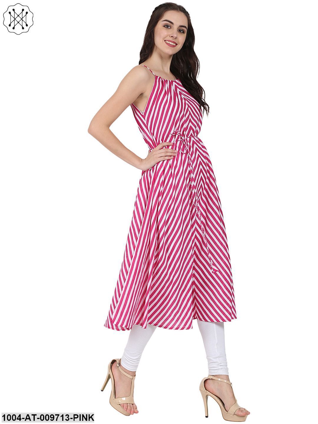 Pink Printed Sleeveless Cotton Anarkali Kurta