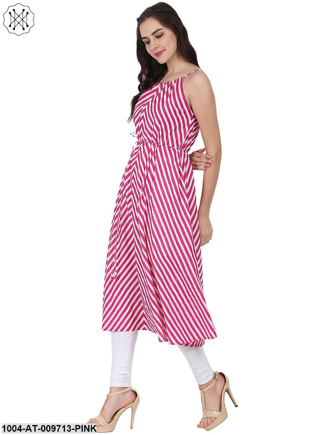 Pink Printed Sleeveless Cotton Anarkali Kurta