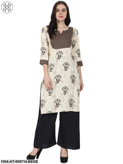 Beige Printed 3/4Th Sleeve Cotton Kurta