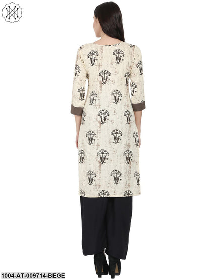 Beige Printed 3/4Th Sleeve Cotton Kurta