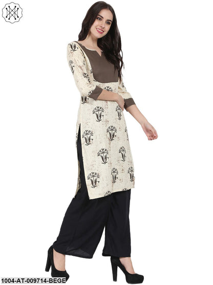 Beige Printed 3/4Th Sleeve Cotton Kurta