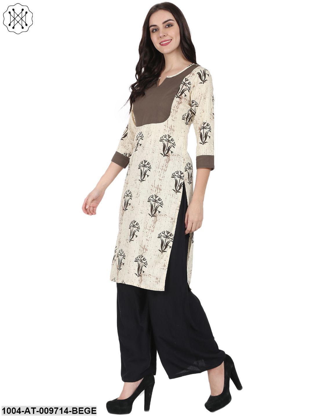 Beige Printed 3/4Th Sleeve Cotton Kurta