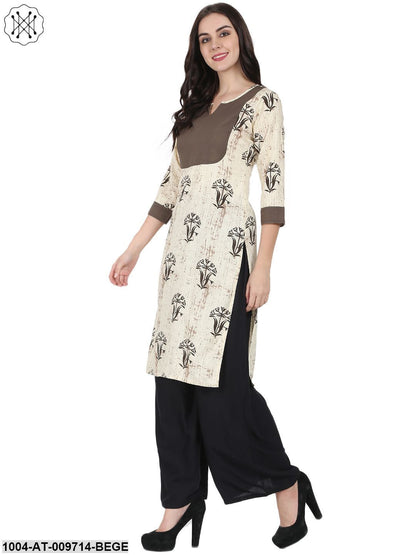 Beige Printed 3/4Th Sleeve Cotton Kurta