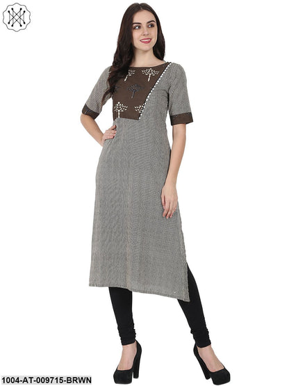 Brown Printed Half Sleeve Cotton A-Line Kurta With Yoke Design