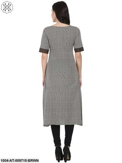 Brown Printed Half Sleeve Cotton A-Line Kurta With Yoke Design