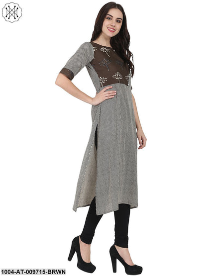 Brown Printed Half Sleeve Cotton A-Line Kurta With Yoke Design