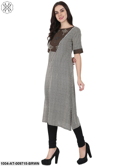 Brown Printed Half Sleeve Cotton A-Line Kurta With Yoke Design