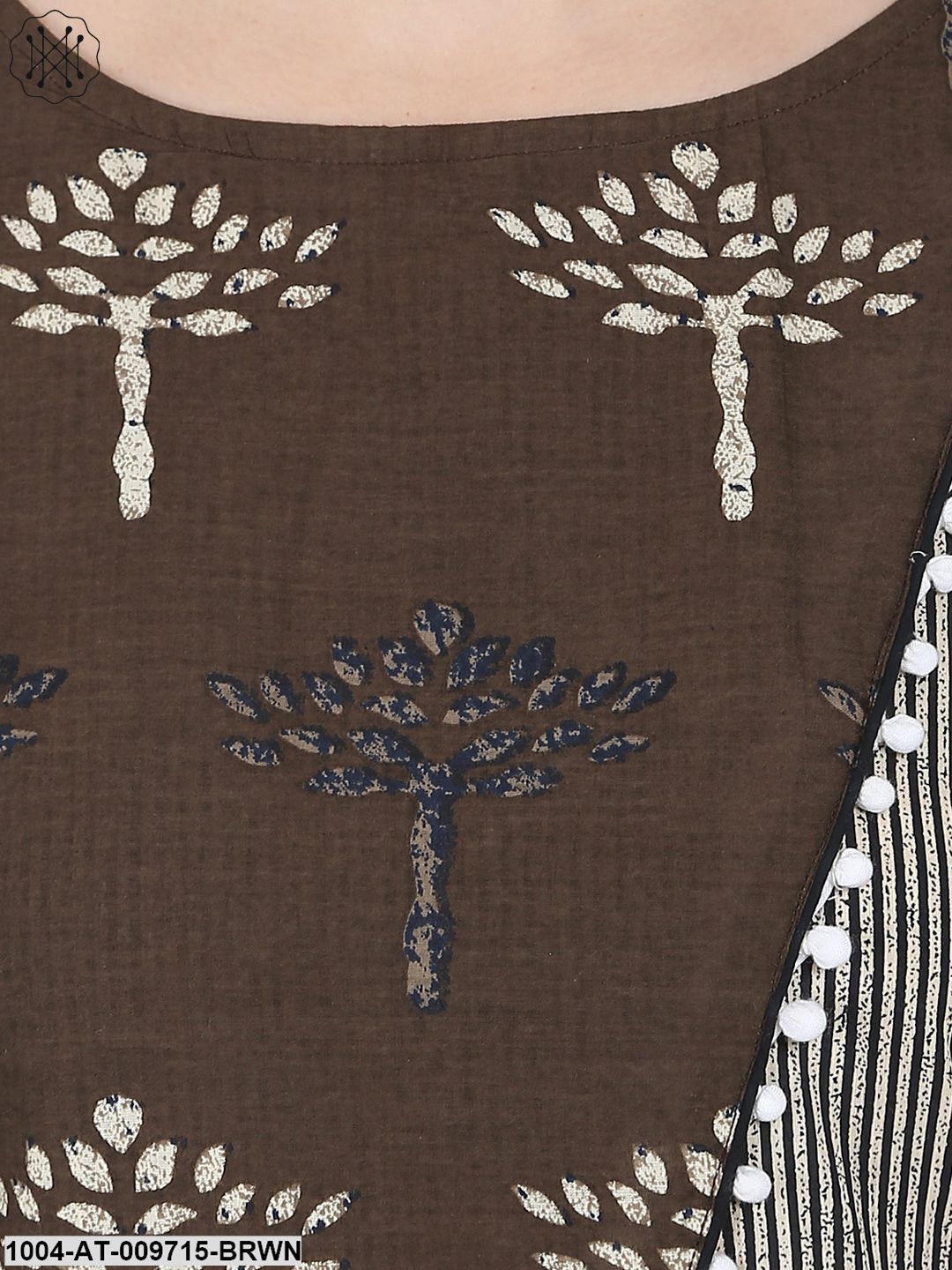Brown Printed Half Sleeve Cotton A-Line Kurta With Yoke Design