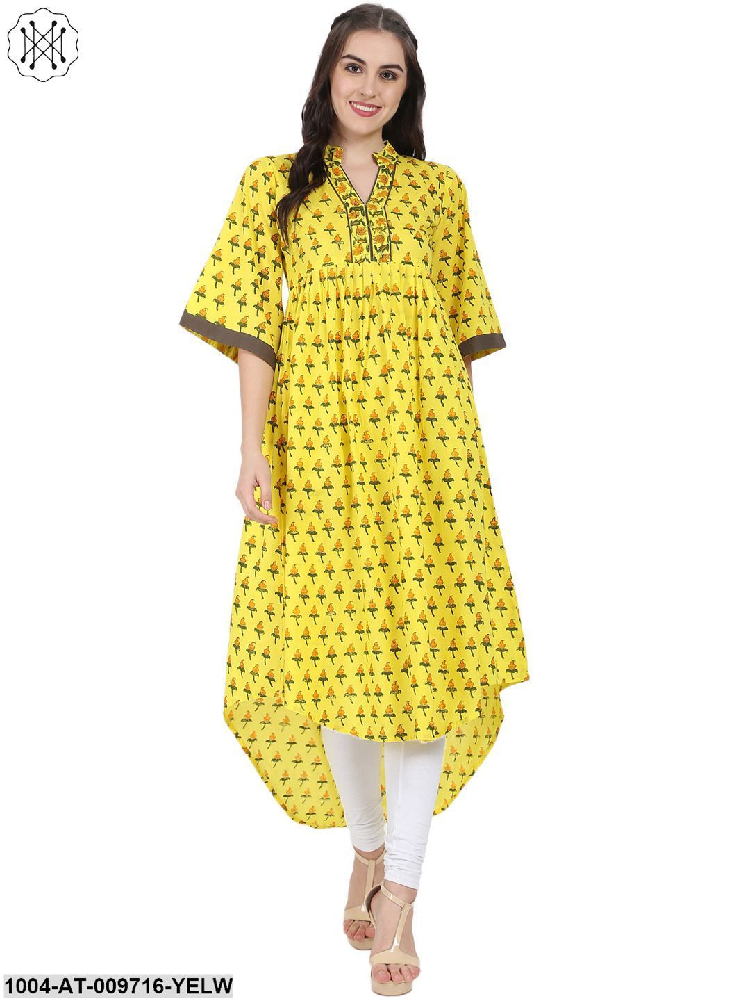 Yellow Printed Half Sleeve Cotton Anarkali Kurta
