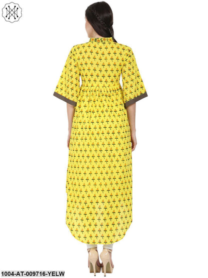 Yellow Printed Half Sleeve Cotton Anarkali Kurta