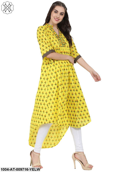 Yellow Printed Half Sleeve Cotton Anarkali Kurta