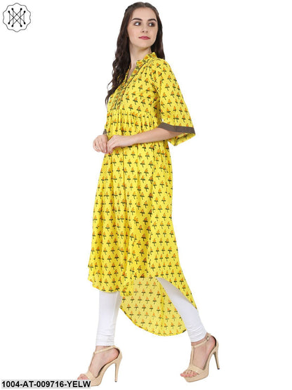 Yellow Printed Half Sleeve Cotton Anarkali Kurta