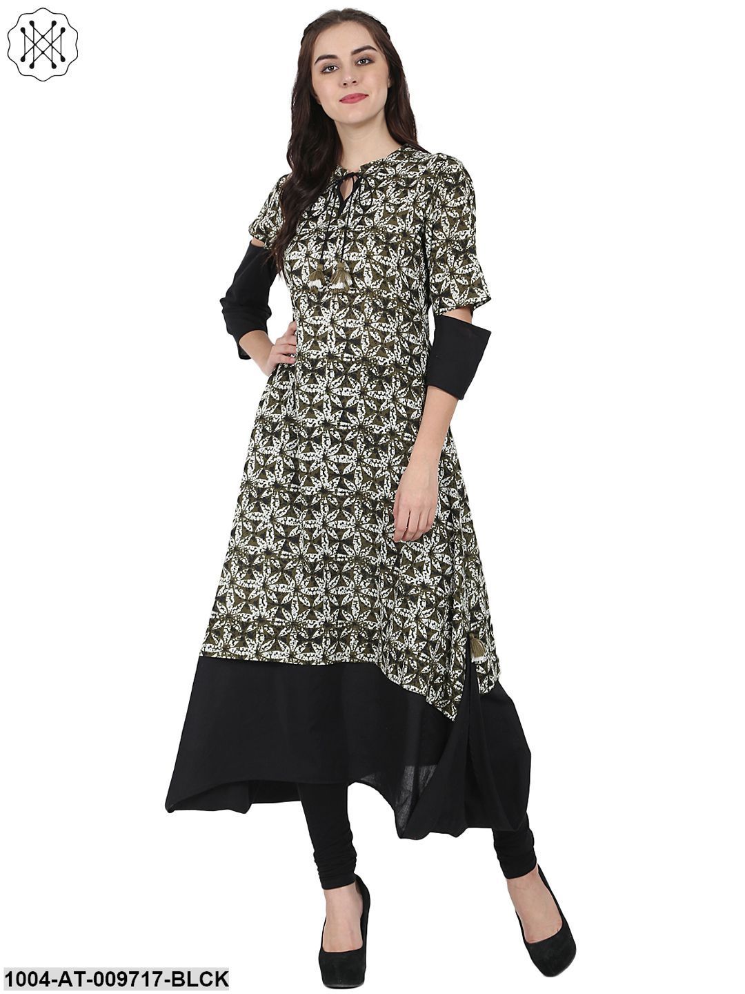 Black Printed Half Sleeve Cotton A-Line Kurta