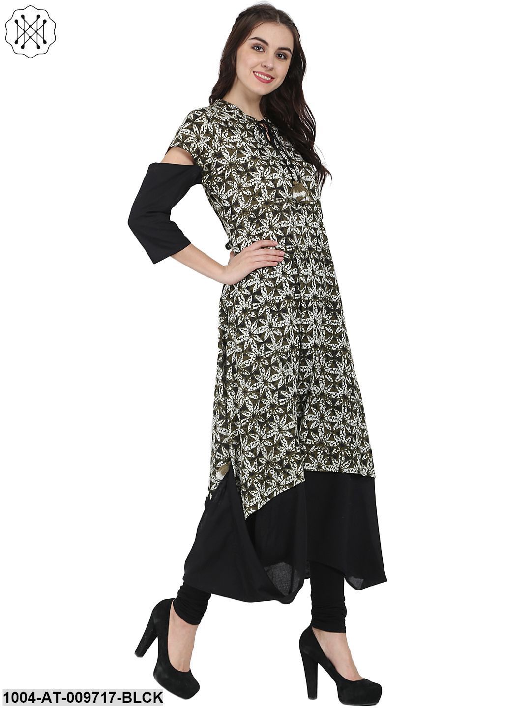 Black Printed Half Sleeve Cotton A-Line Kurta