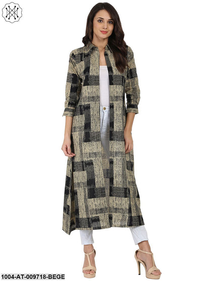 Beige & Black Printed 3/4Th Sleeve Cotton Cape Kurta With Front Open