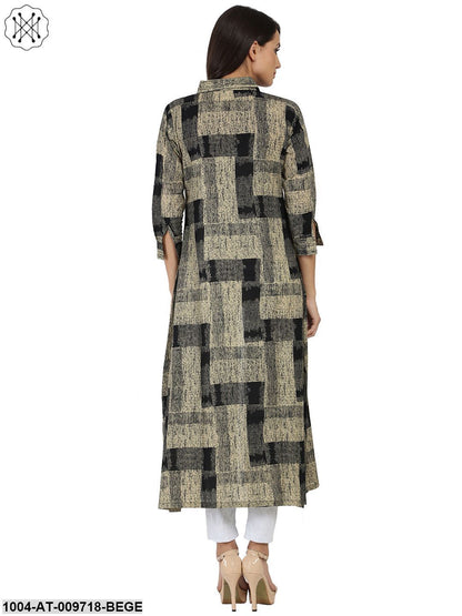Beige & Black Printed 3/4Th Sleeve Cotton Cape Kurta With Front Open