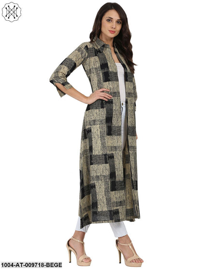Beige & Black Printed 3/4Th Sleeve Cotton Cape Kurta With Front Open