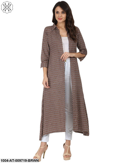 Brown Printed 3/4Th Sleeve Cotton Kurta With Front Open