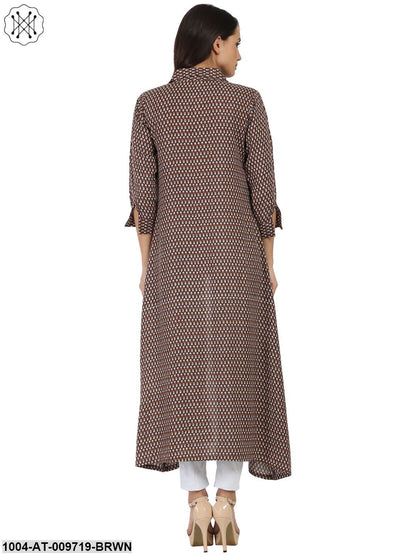 Brown Printed 3/4Th Sleeve Cotton Kurta With Front Open
