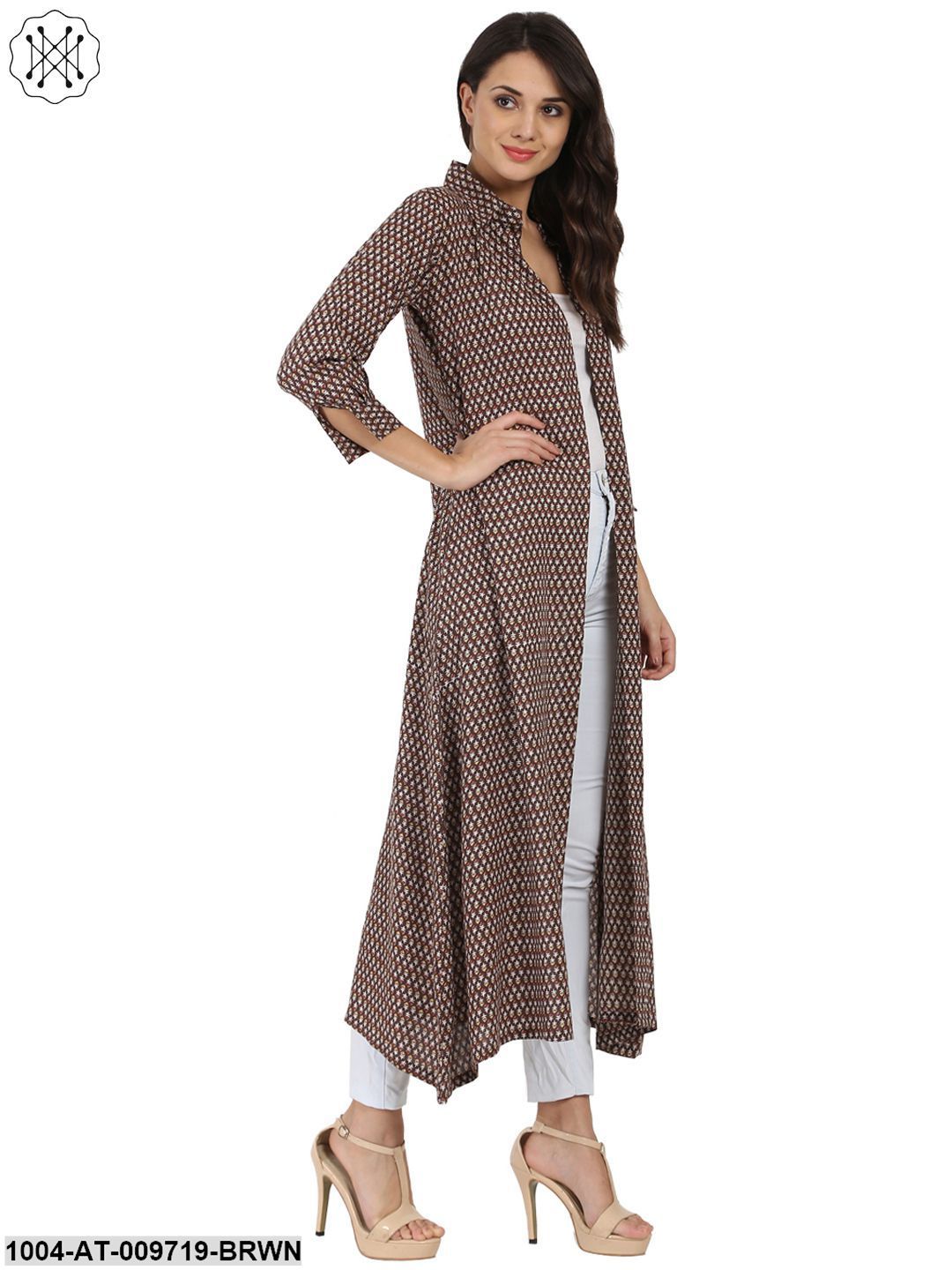 Brown Printed 3/4Th Sleeve Cotton Kurta With Front Open