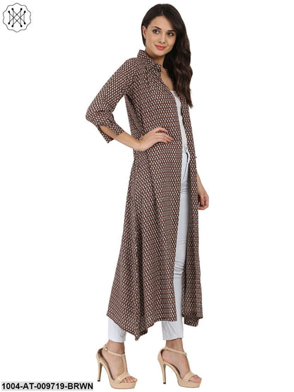 Brown Printed 3/4Th Sleeve Cotton Kurta With Front Open
