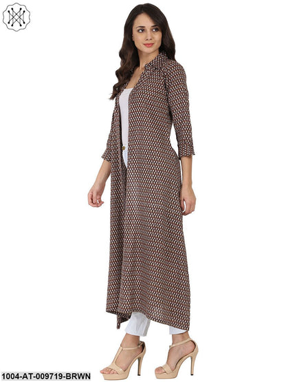 Brown Printed 3/4Th Sleeve Cotton Kurta With Front Open