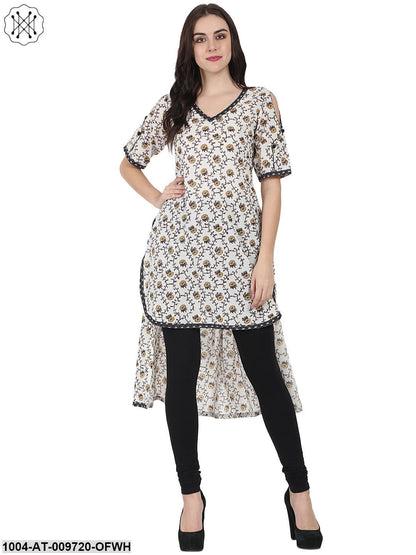 Off White Printed Half Sleeve Cotton Low High Kurta