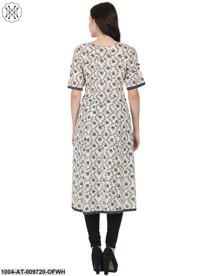 Off White Printed Half Sleeve Cotton Low High Kurta