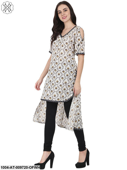 Off White Printed Half Sleeve Cotton Low High Kurta