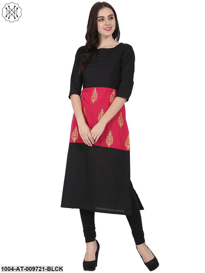 Black & Red Printed 3/4Th Sleeve Cotton Kurta