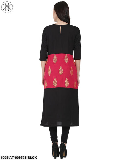 Black & Red Printed 3/4Th Sleeve Cotton Kurta