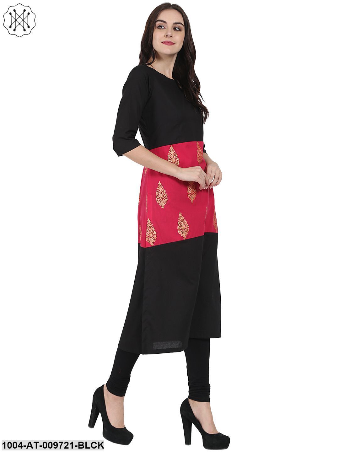 Black & Red Printed 3/4Th Sleeve Cotton Kurta
