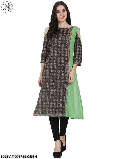 Green Printed 3/4Th Sleeve Cotton A-Line Kurta