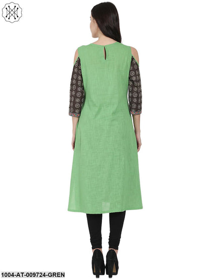 Green Printed 3/4Th Sleeve Cotton A-Line Kurta