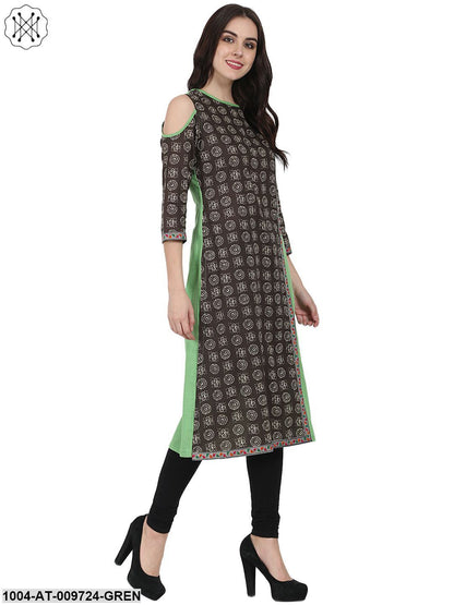 Green Printed 3/4Th Sleeve Cotton A-Line Kurta